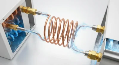 لوله مویی مسی (Capillary Tube) مارپیچی، تصویر سه‌بعدی مسیر جریان مبرد در سیستم‌های برودتی فروشگاهی – برند DAMOOS.