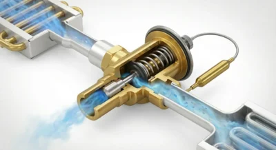 شیر انبساط ترموستاتیکی (TXV) با نمای سه‌بعدی و برش مقطعی، نمایش دیافراگم، سوزن، فنر و سنسور حرارتی – سیستم‌های برودتی DAMOOS.